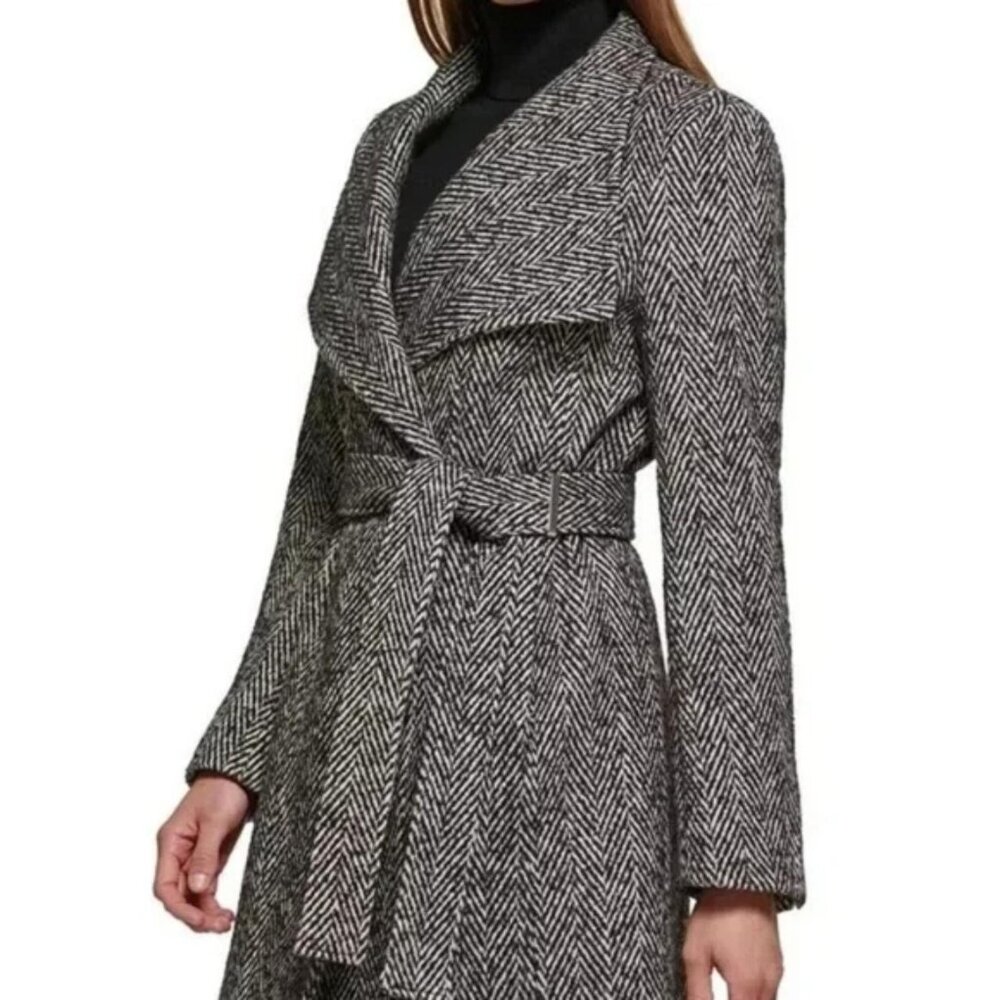 Calvin Klein Women's Asymmetrical Belted Wrap Coat (Black White), Size L, New